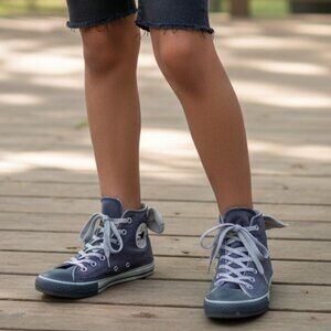 CONVERSE All Star Hi Top Sneakers Girls 2 Blue Glitter Back Bows Double Tongue
